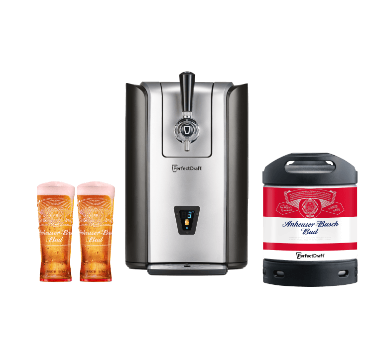 PerfectDraft Pro Zapfanlage mit Anheuser-Busch Bud Fass und 2 Gläser 0.5L
